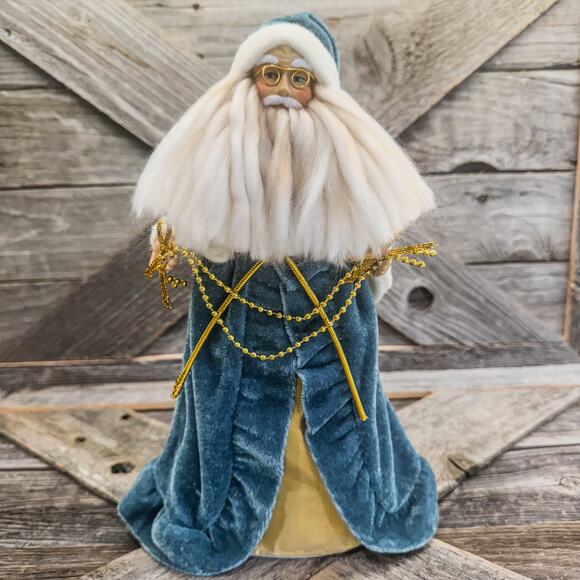 Unbranded Other - Handsome TableTop or Treetop Santa in Stone Blue Coat-Gold Wire Bifocals, 10”H